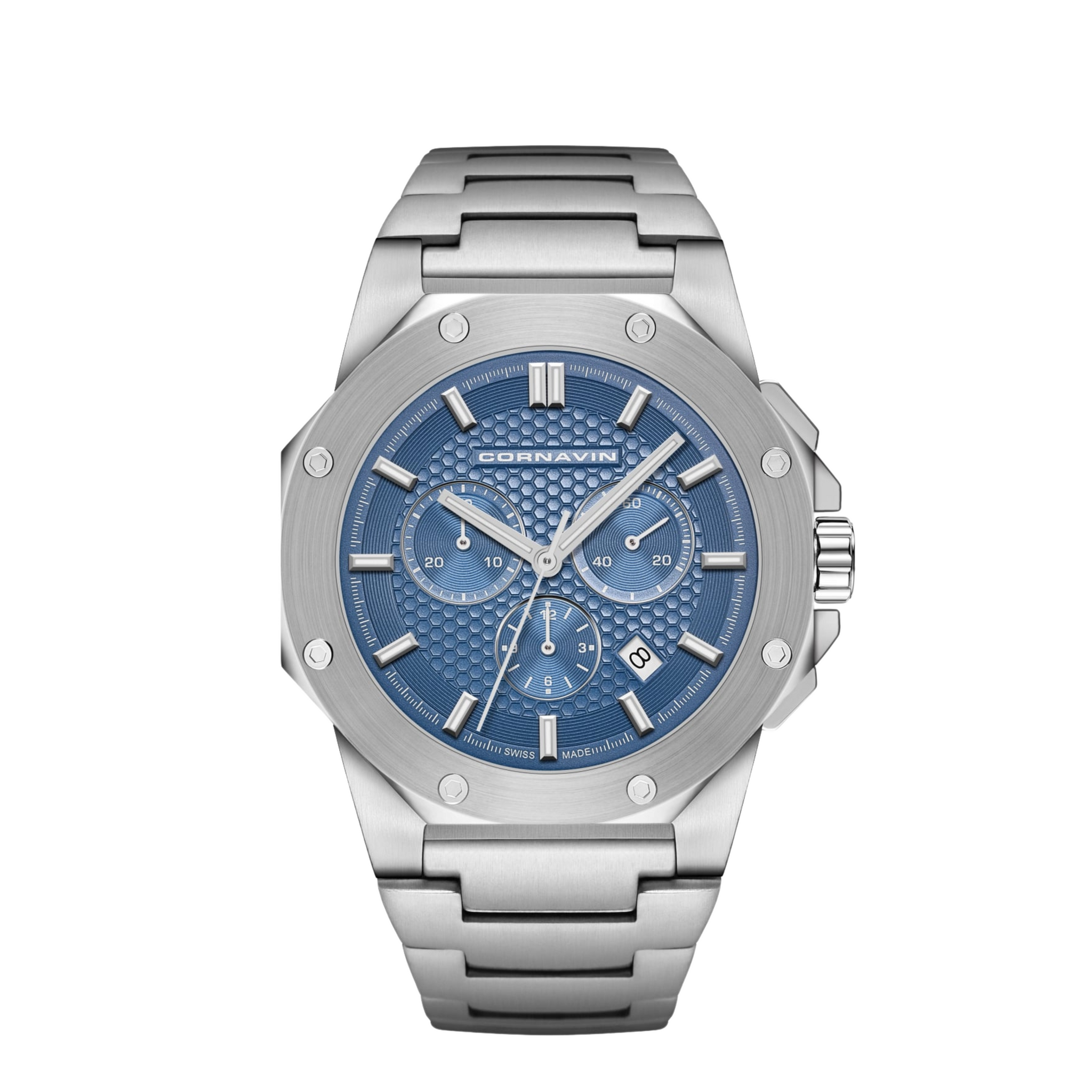 Cornavin CO.DS.04.B Silver watch with blue face on a white background