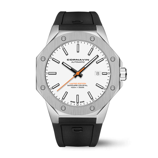 A Cornavin AT.02.R watch with a white dial, silver case, and black strap displayed against a plain background.