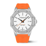 A Cornavin AT.02.R watch with a white dial, silver case, and orange strap displayed against a plain background.