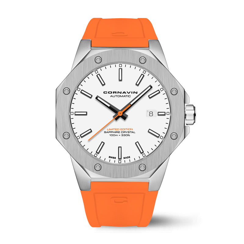 A Cornavin AT.02.R watch with a white dial, silver case, and orange strap displayed against a plain background.