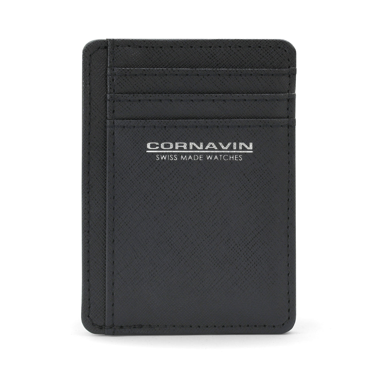 A black faux leather credit card holder with the silver printed Cornavin logo on the front, featuring six card slots and a center pocket.