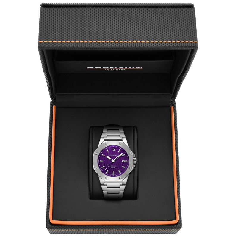 CORNAVIN CO 2021-2033 - Swiss Made Watch with a violet dial and stainless steel bracelet.