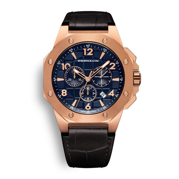 CORNAVIN CO 2012-2012R - Swiss Made Watch Chronograph with a rose gold PVD Case and black leather strap