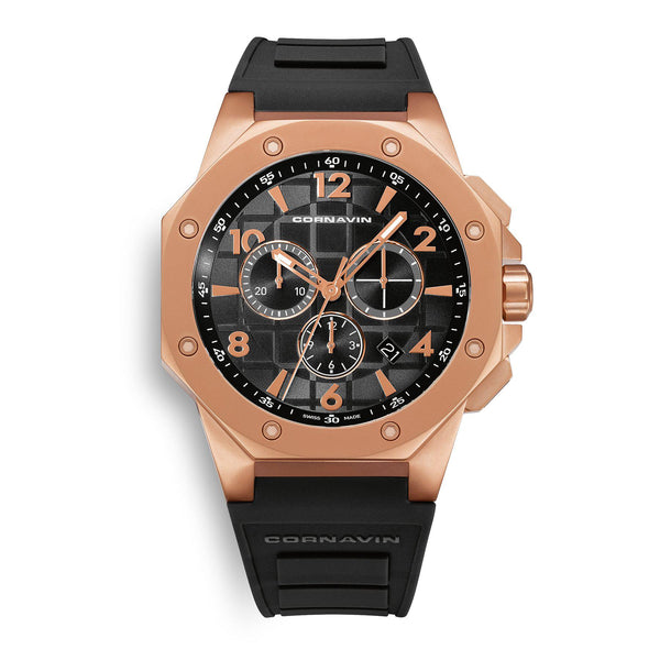 CORNAVIN CO 2012-2022R - Swiss Made Watch Chronograph with a matte rose gold PVD case and rubber strap