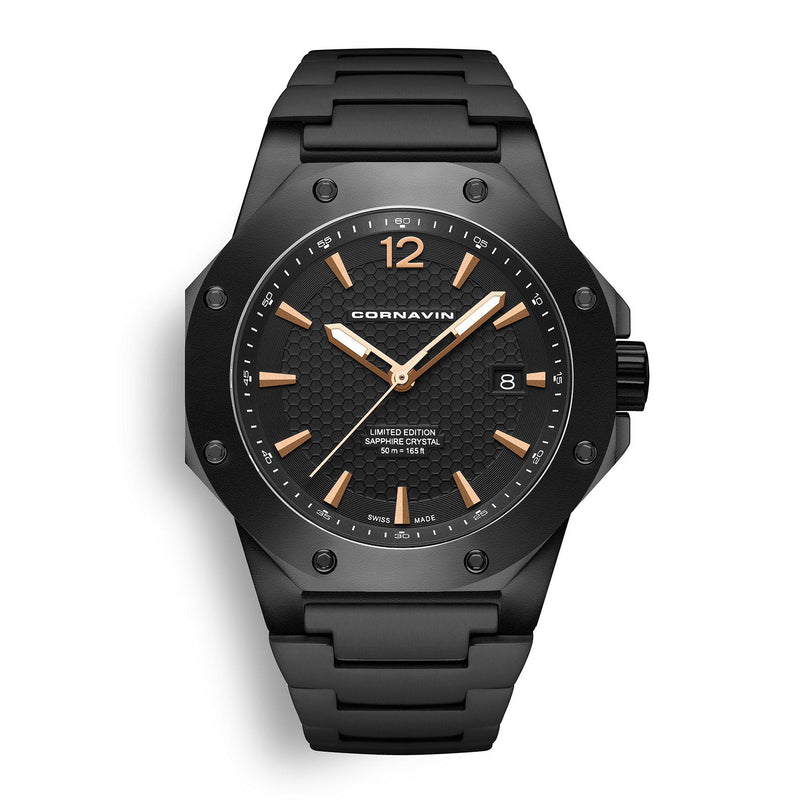 CORNAVIN CO 2021-2028 - Swiss Made Watch with a black PVD case and black stainless steel bracelet