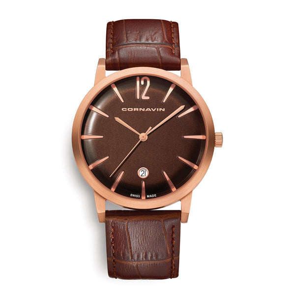 Cornavin Swiss Made Watch Bellevue with a rose gold PVD case and brown leather strap