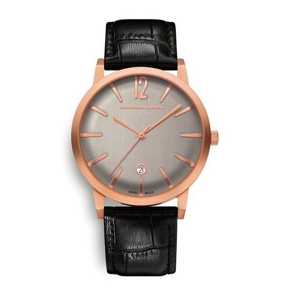 Cornavin Swiss Made Bellevue Watch with rose gold PVD case and leather strap