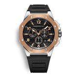 CORNAVIN CO 2012-2018R - Swiss Made Watch Chronograph with rosegold bezel and Stainless Steel Case, Black dial and black rubber strap with ardillon buckle