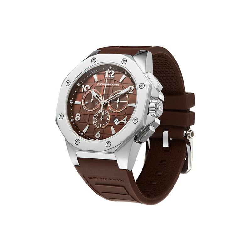 CORNAVIN CO 2012-2003R - Swiss Made Watch Chronograph with a brown dial and rubber strap 