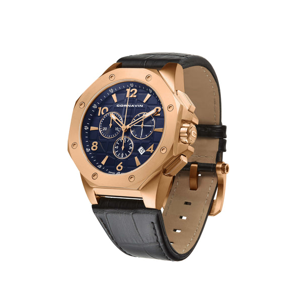 CORNAVIN CO 2012-2012R - Swiss Made Watch Chronograph with a rose gold PVD Case and black leather strap