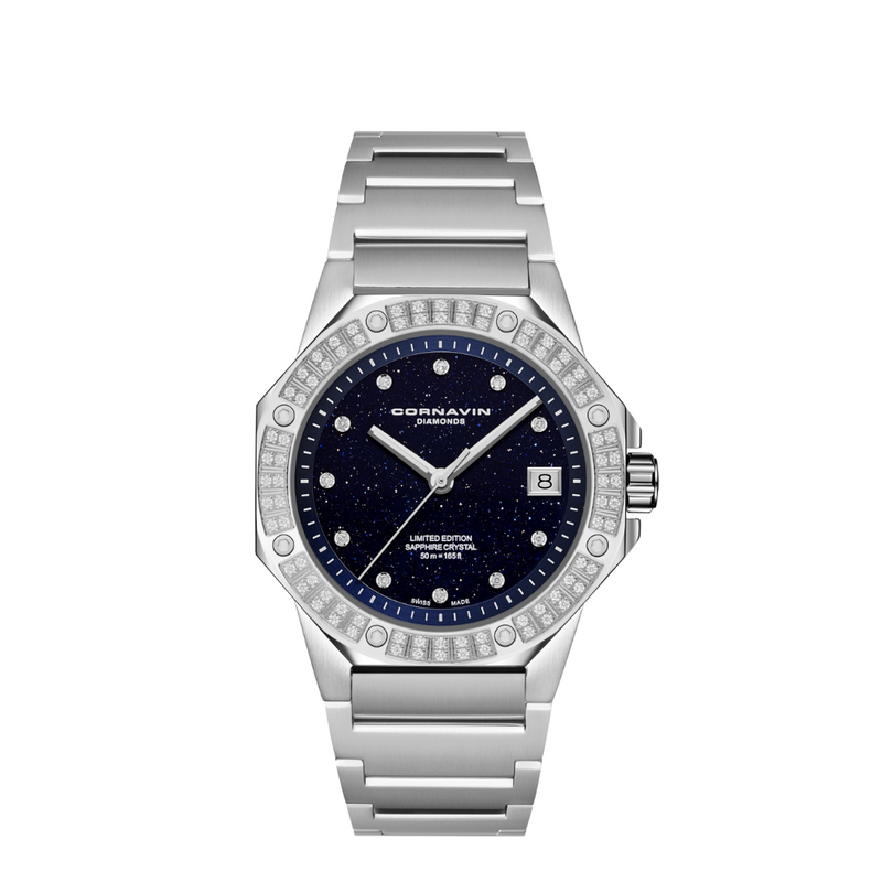 Cornavin Downtown Sky watch with blue aventurine glass dial and 80 diamonds on the bezel