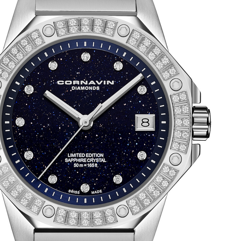 A Cornavin Downtown Sky watch with a stainless steel bracelet and a blue aventurine dial with a silver-toned case adorned with diamonds.