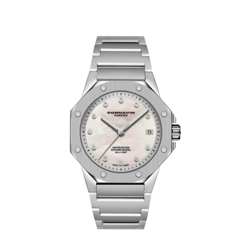 Cornavin Downtown Sky women's watch with white mother-of-pearl dial with 11 diamonds
