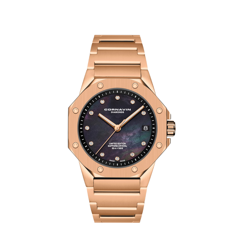 Cornavin Downtown Sky women's watch with rosegold case and black mother-of-pearl dial with 11 diamonds