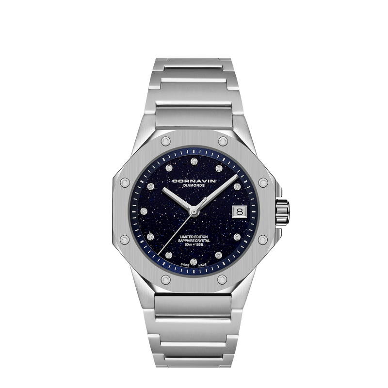 Stainless steel watch with dark blue aventurine glass dial and 11 diamonds on a white backdrop
