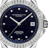 Cornavin Downtown Sky watch with blue aventurine glass dial and 80 diamonds on the bezel
