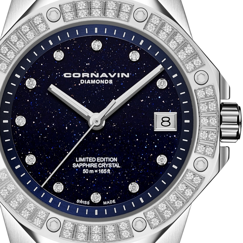 Cornavin Downtown Sky watch with blue aventurine glass dial and 80 diamonds on the bezel