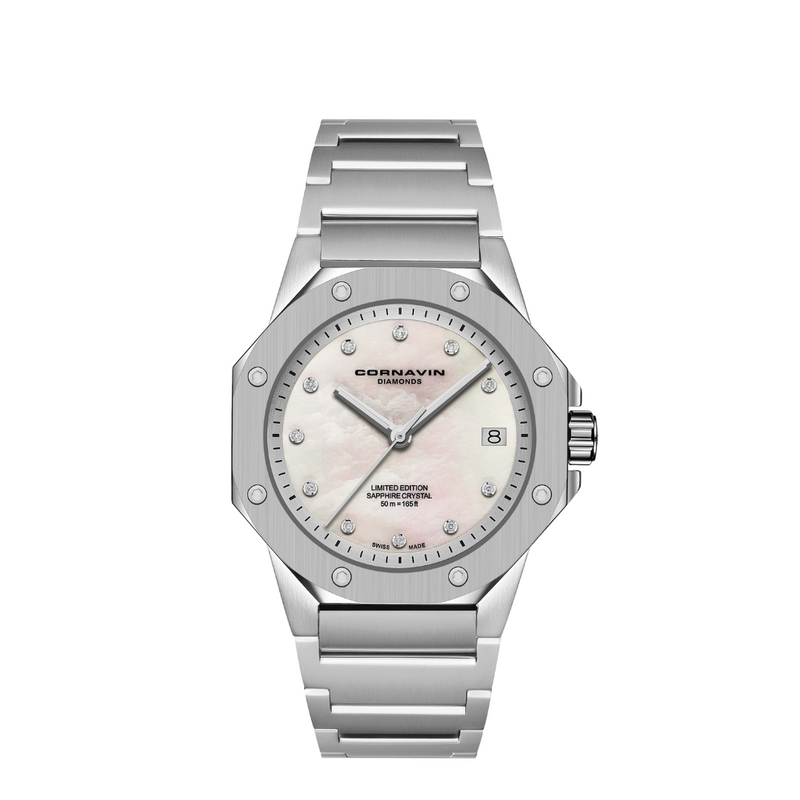 A Cornavin CO.SKY.09D.B watch with a white mother-of-pearl dial, diamonds, and a stainless steel bracelet and case.
