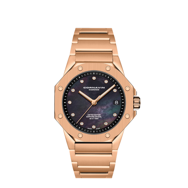 Rosegold watch with black mother of pearl dial and 11 diamonds on a white backdrop