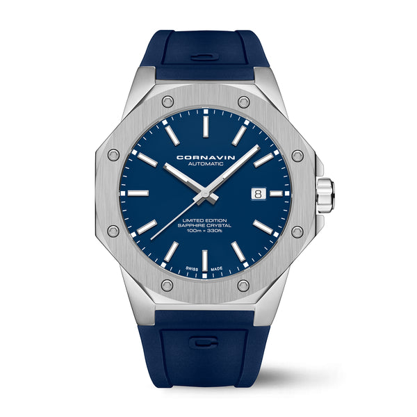 A Cornavin AT.01.R watch with a blue lacquered dial, silver case, and a blue silicone strap.