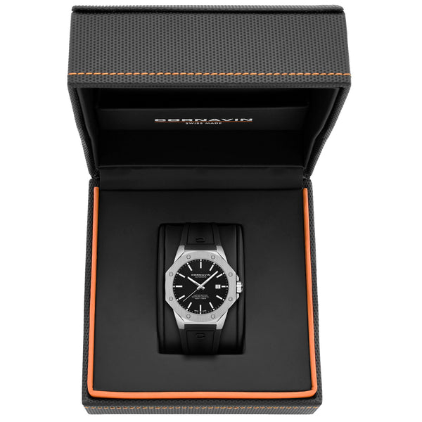 A Cornavin AT.03.R watch with a black lacquered dial, stainless steel case, and a black silicone strap.