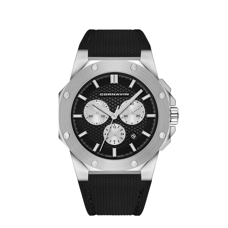Cornavin CO.DS.01.R Black watch with silver case and black strap on a white background