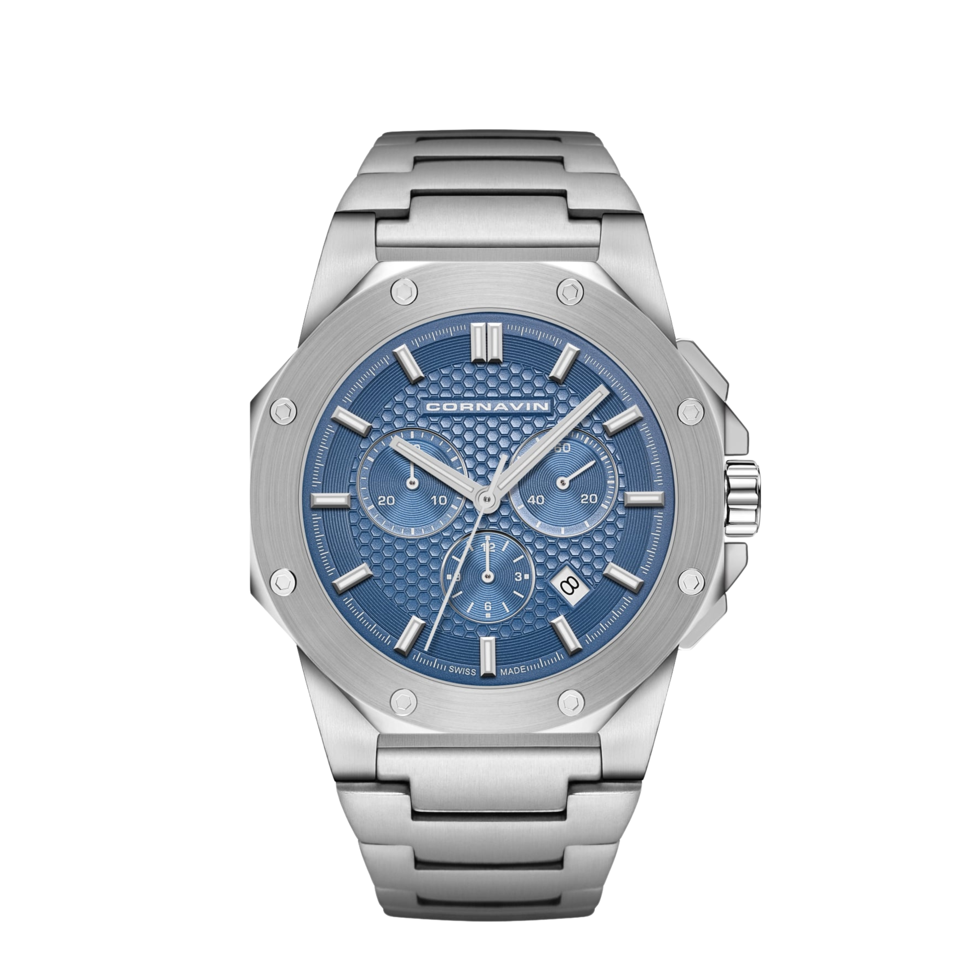 Cornavin CO.DS.04.B Silver watch with blue face on a white background