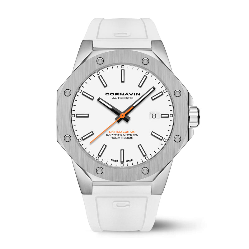 A Cornavin AT.02.R watch with a white dial, silver case, and white strap displayed against a plain background.