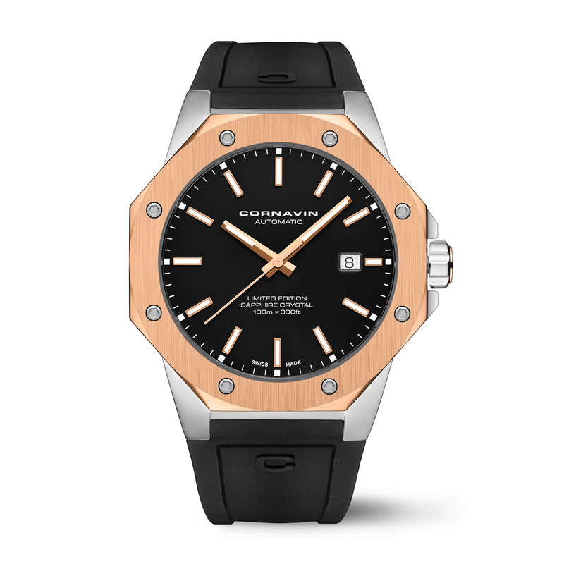 A Cornavin AT.04.R watch with a black lacquered dial, rose gold PVD-coated bezel, and a black silicone strap.