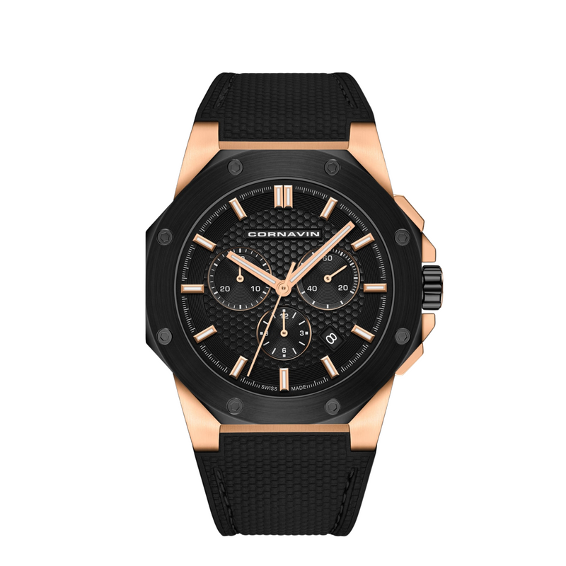 Cornavin CO.DS.15.R Black and rose gold watch with black rubber strap on a white background