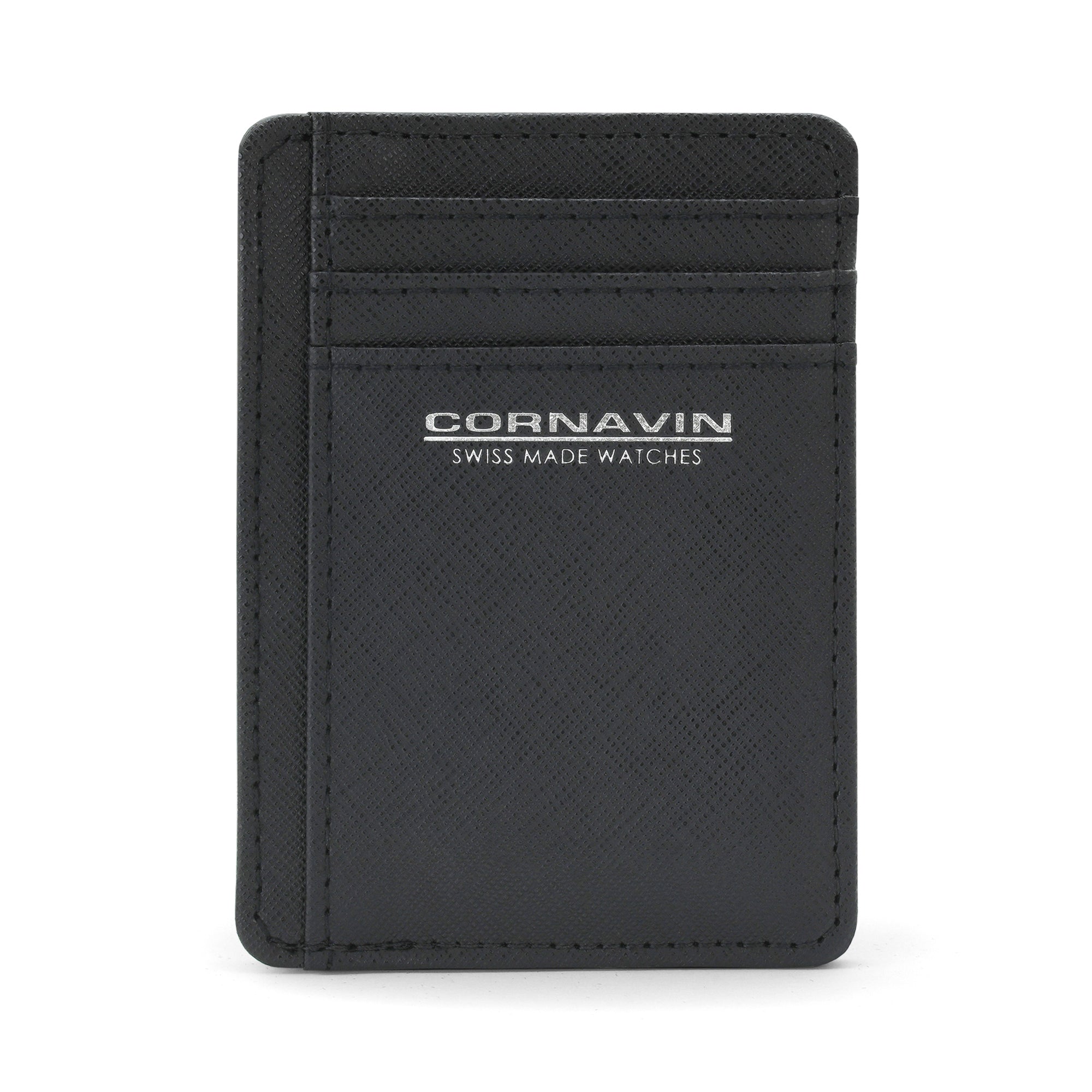 A black faux leather credit card holder with the silver printed Cornavin logo on the front, featuring six card slots and a center pocket.