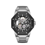 A Cornavin skeleton automatic watch with a stainless steel octagonal case, black bezel, and a detailed open-heart dial showing mechanical gears and pink ruby jewel bearings, set against a plain white background.