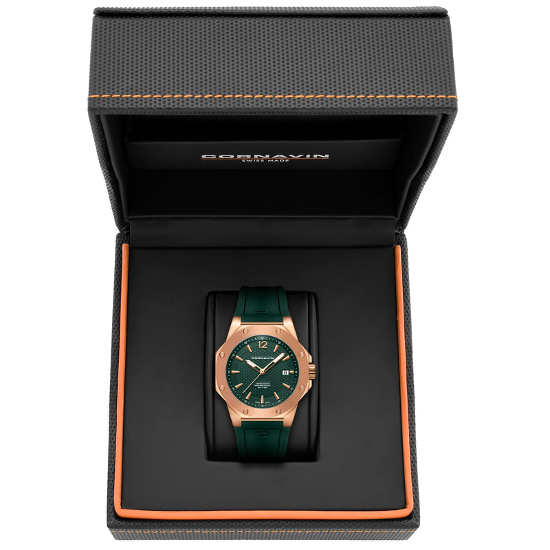 CORNAVIN CO 2021-2048- Swiss Made Watch with a Rose Gold PVD-coated case and green rubber strap