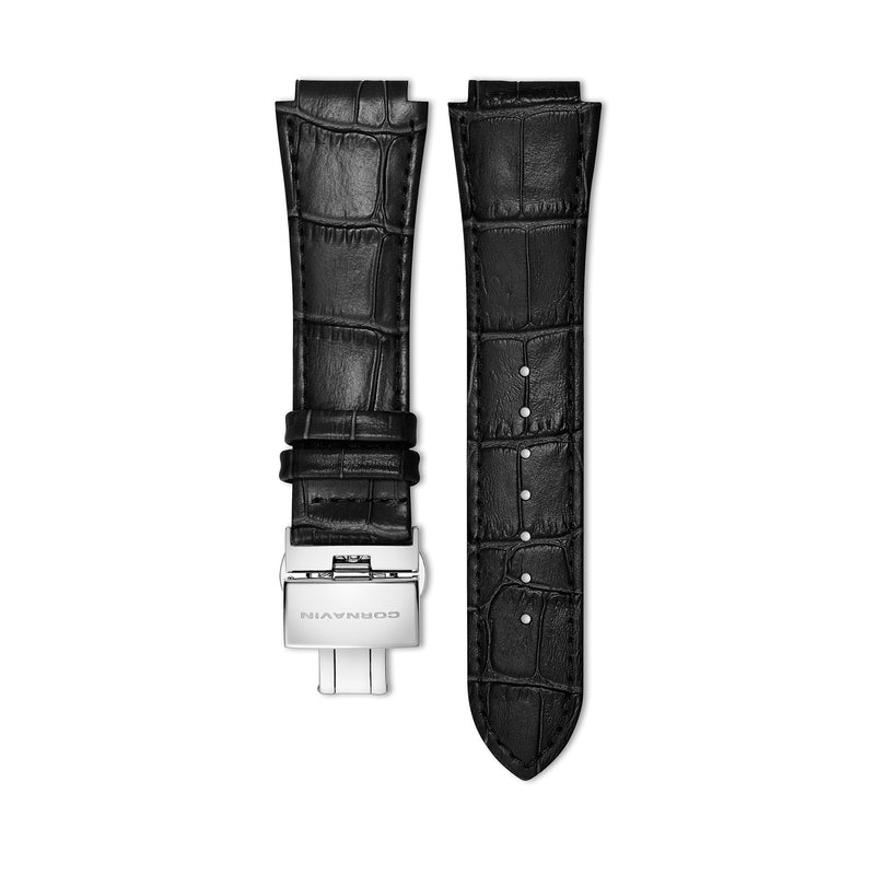 Black calf leather strap for Downtown and Downtown Sport watches with stainless steel butterfly buckle /  folding clasp