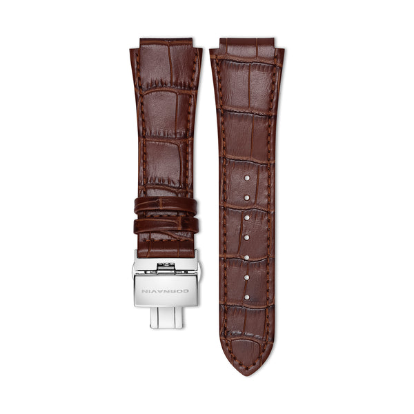 Brown calf leather strap for Downtown and Downtown Sport watches with stainless steel butterfly buckle /  folding clasp
