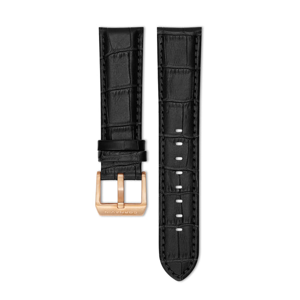 Black Calf Leather Strap for Cornavin Big Date watch with stainless steel ardillon buckle
