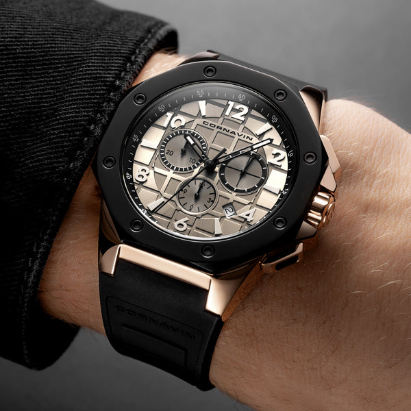 CORNAVIN CO 2012-2019R - Swiss Made Watch Chronograph with Black Bezel and Black Rubber Strap