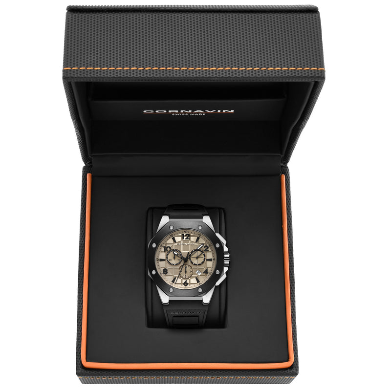 CORNAVIN CO 2012-2006R - Swiss Made Watch Chronograph with Stainless Steel Case and black rubber strap