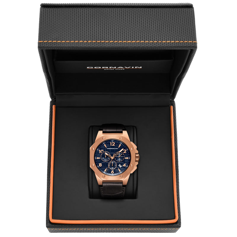 CORNAVIN CO 2012-2012R - Swiss Made Watch Chronograph with a rose gold PVD Case and black leather strap