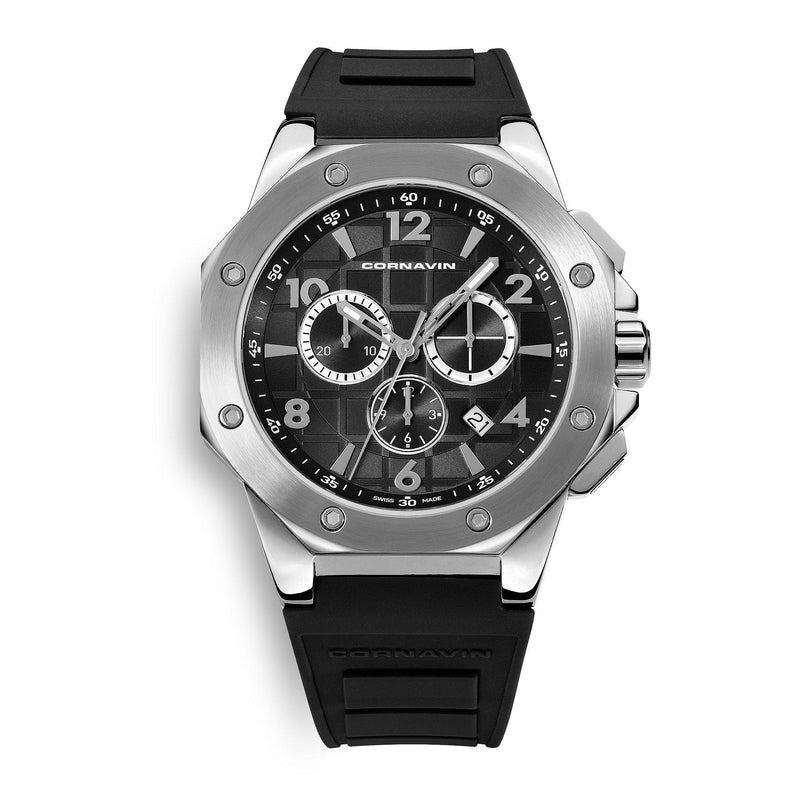 CORNAVIN CO 2012-2001R - Swiss Made Chronograph with a Stainless Steel case, Black dial and Black Rubber Strap with ardillon buckle