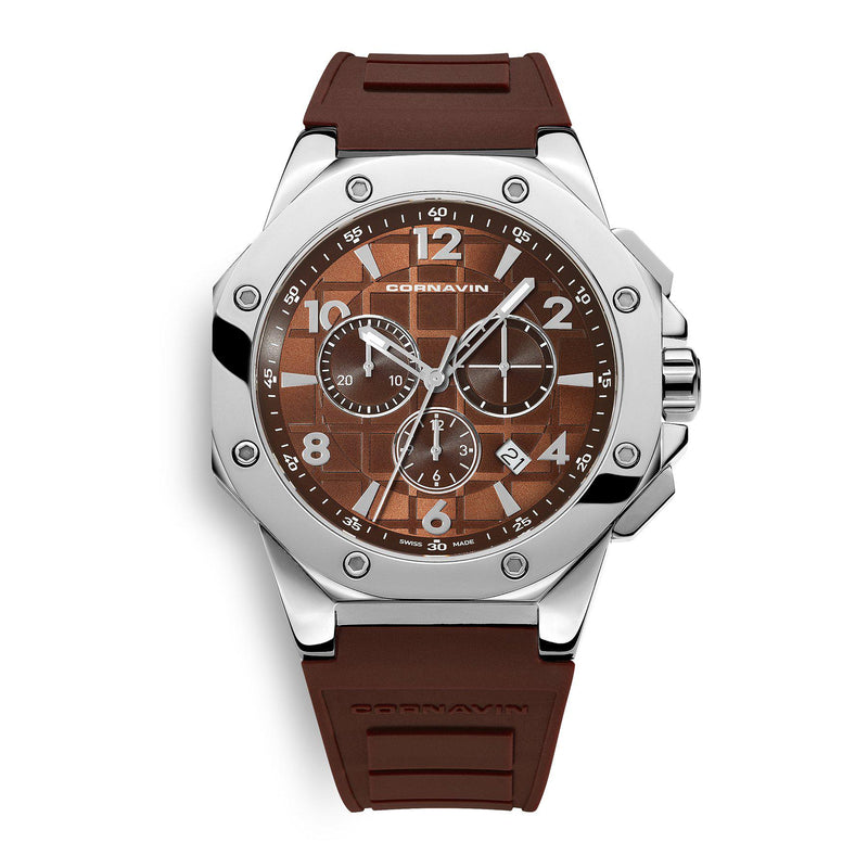 CORNAVIN CO 2012-2003R - Swiss Made Watch Chronograph with a brown dial and rubber strap 