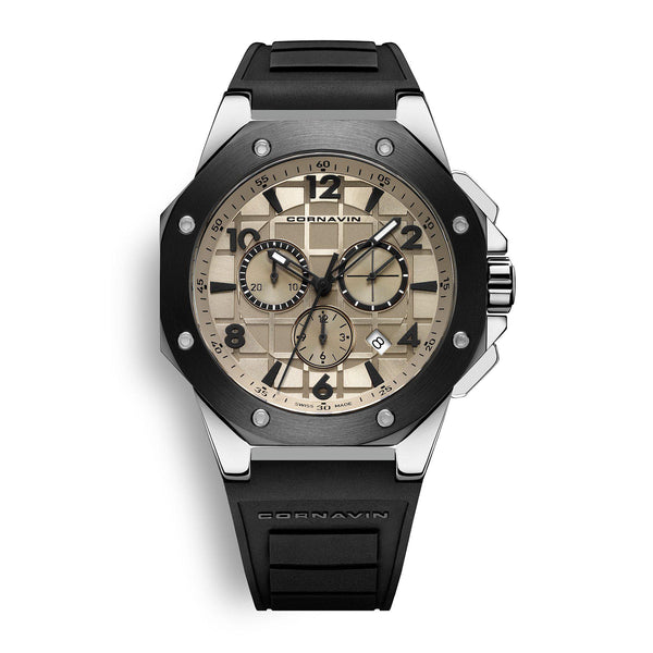 CORNAVIN CO 2012-2006R - Swiss Made Watch Chronograph with Stainless Steel Case and black rubber strap