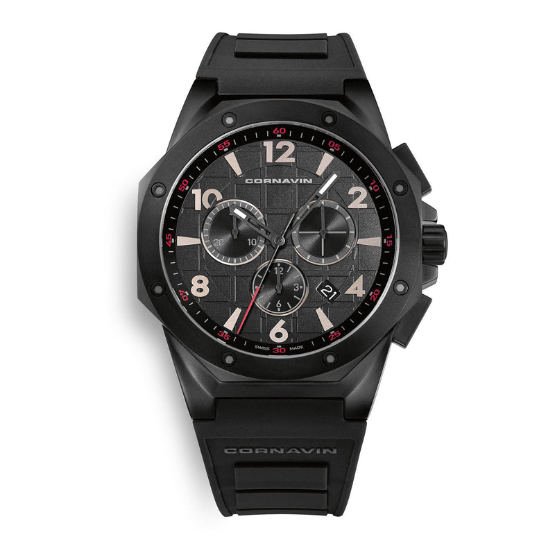 CORNAVIN CO 2012-2008R - Swiss Made Watch Chronograph with Black PVD Case and Rubber Strap