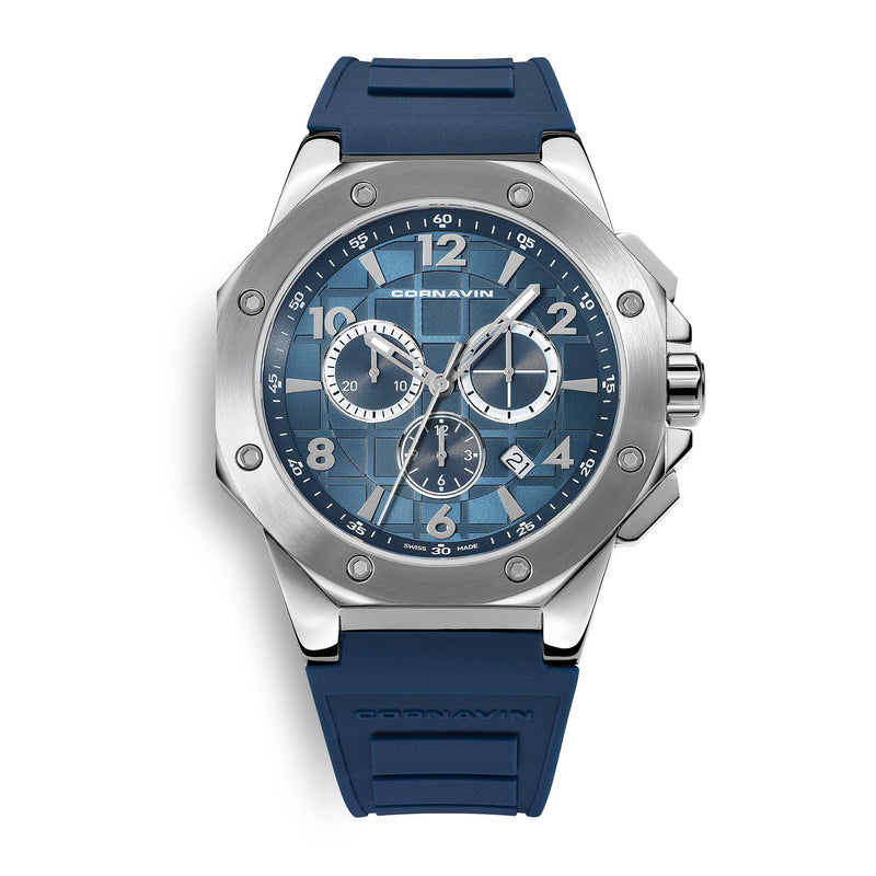 CORNAVIN CO 2012-2020R - Swiss Made Watch Chronograph wit a blue dial and blue rubber strap