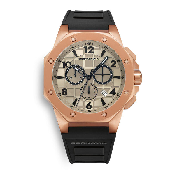 CORNAVIN CO 2012-2021R - Swiss Made Watch Chronograph matte rose gold PVD case and rubber strap