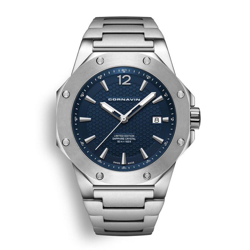 CORNAVIN CO 2021-2026 - Swiss Made Watch with a blue dial and stainless steel bracelet.