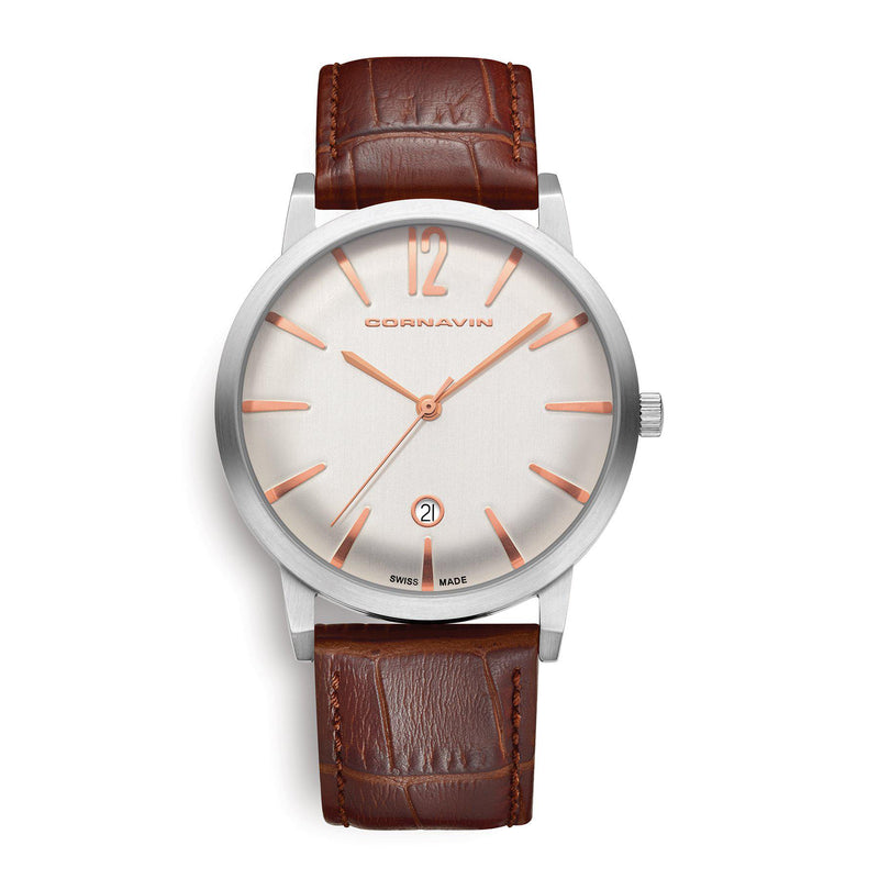 Cornavin Swiss Made Bellvue Watch with a brown leather strap