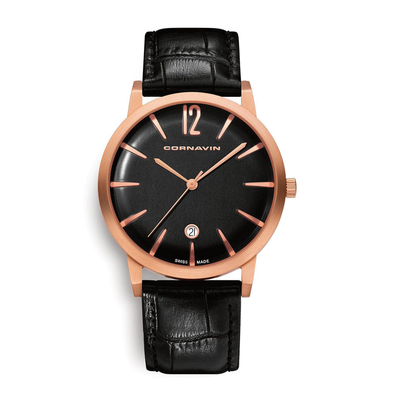 Cornavin Swiss Made Bellevue Watch with rose gold PVD case and leather strap