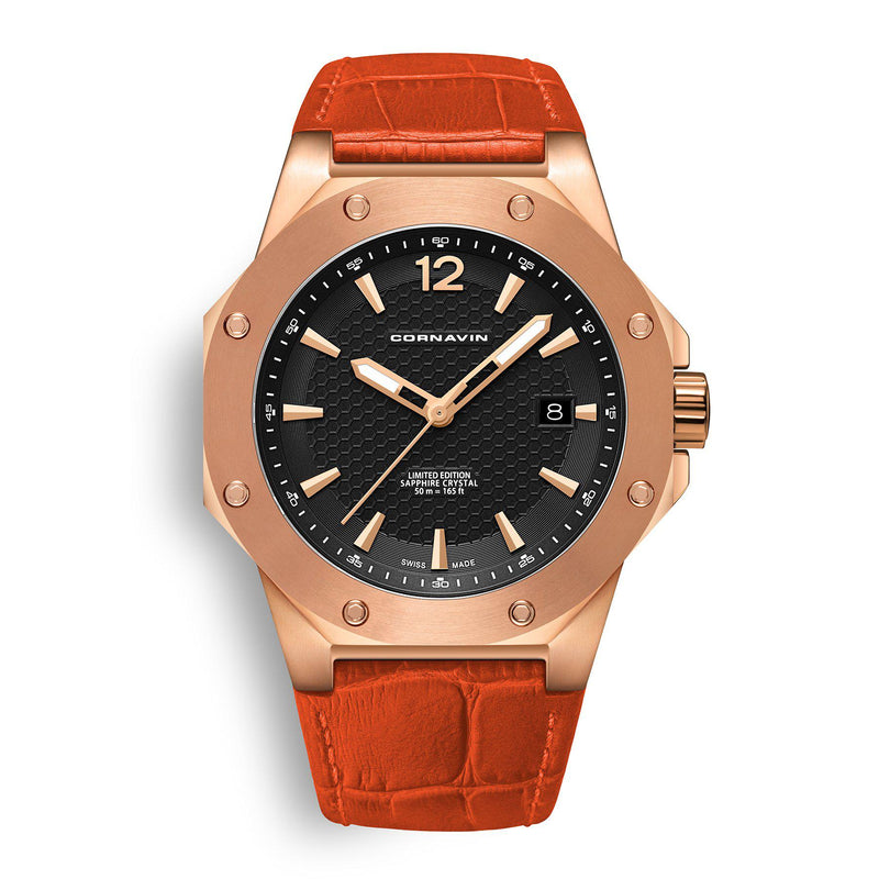 CORNAVIN CO 2021-2011 - Swiss Made Watch with a rose gold PVD case and orange leather strap
