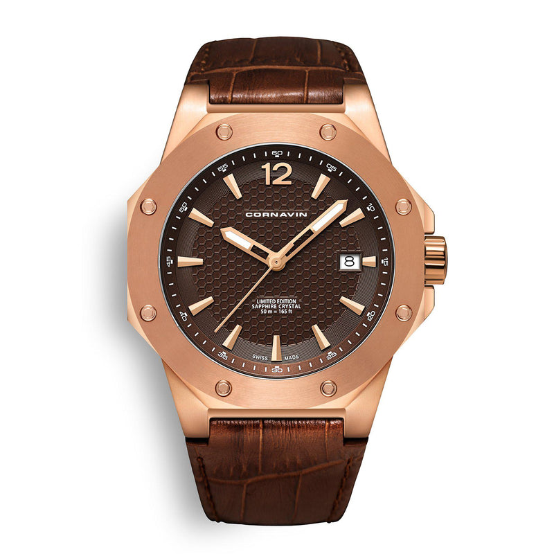 CORNAVIN CO 2021-2016 - Swiss Made Watch with a rose gold PVD case and brown leather strap